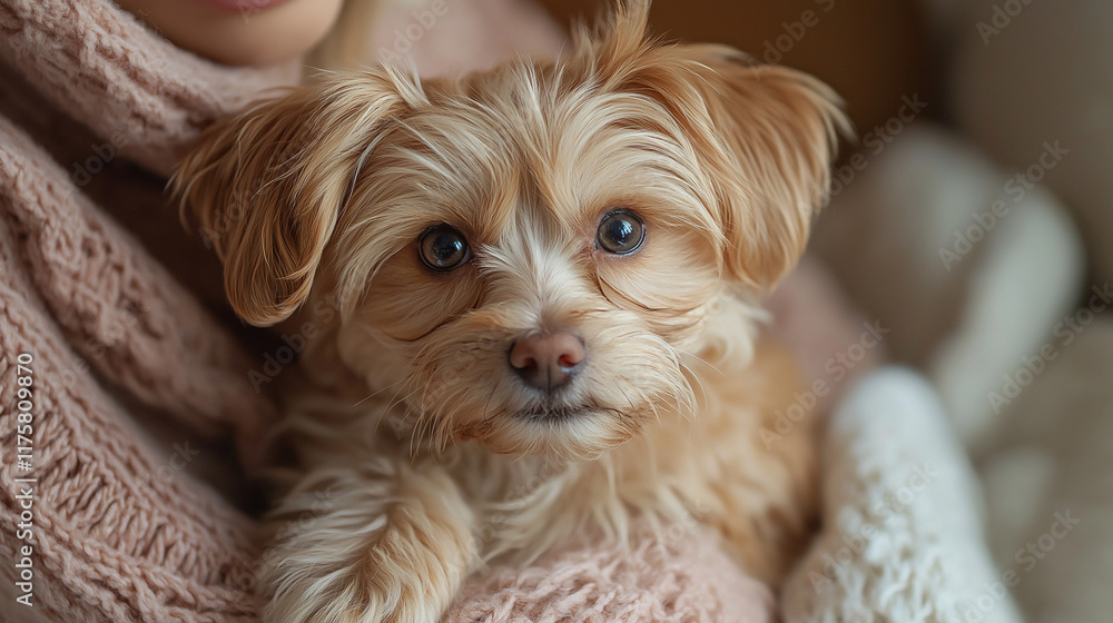 Adorable toy puppy in arms of its loving owner. Small adorable doggy with funny curly fur with adult woman. Close up, copy space. Adorable toy puppy in arms of its loving owner. Small adorable doggy with funny curly fur with adult woman. Close up, copy space.