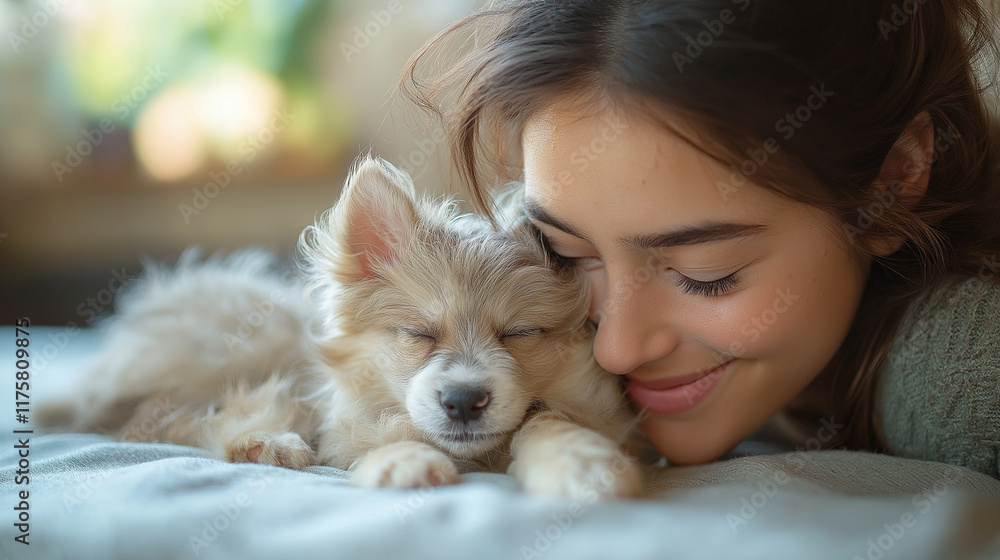 Portrait of young beautiful woman playing with her adorable four months old wire haired dog puppy. Loving girl with rough coated pup having fun.