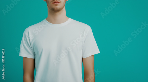 White T-Shirt Mockup on Solid Background with Copy Space – Studio Portrait