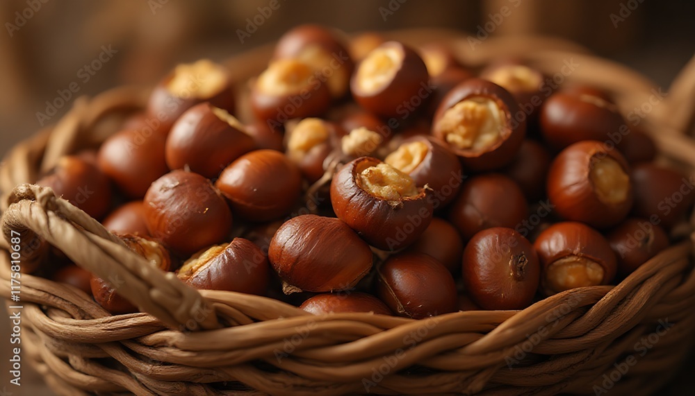 Fresh Roasted Chestnuts in Rustic Wicker Basket Fresh Roasted Chestnuts in Rustic Wicker Basket