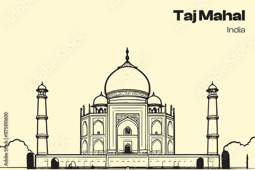 A detailed line drawing of the Taj Mahal, showcasing its intricate details, symmetry, and iconic dome.