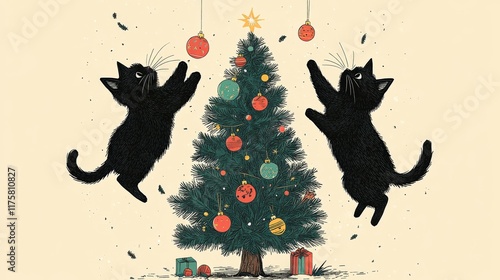 Illustration showing two black cats playfully reaching for Christmas ornaments hanging on a decorated Christmas tree, evoking joy and holiday cheer in the scene. photo