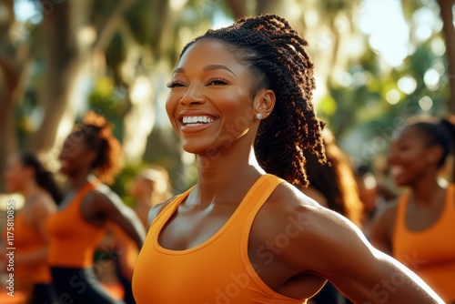 A vibrant outdoor fitness event features a smiling woman in bright orange workout attire, surrounded by others enjoying the activity, highlighting positivity and health. photo