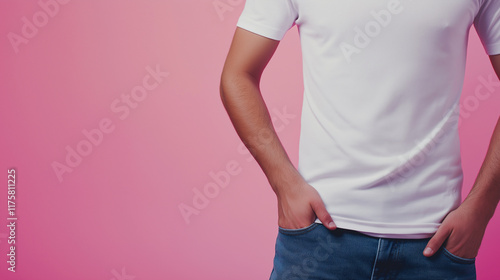 White T-Shirt Mockup on Solid Background with Copy Space – Studio Portrait
