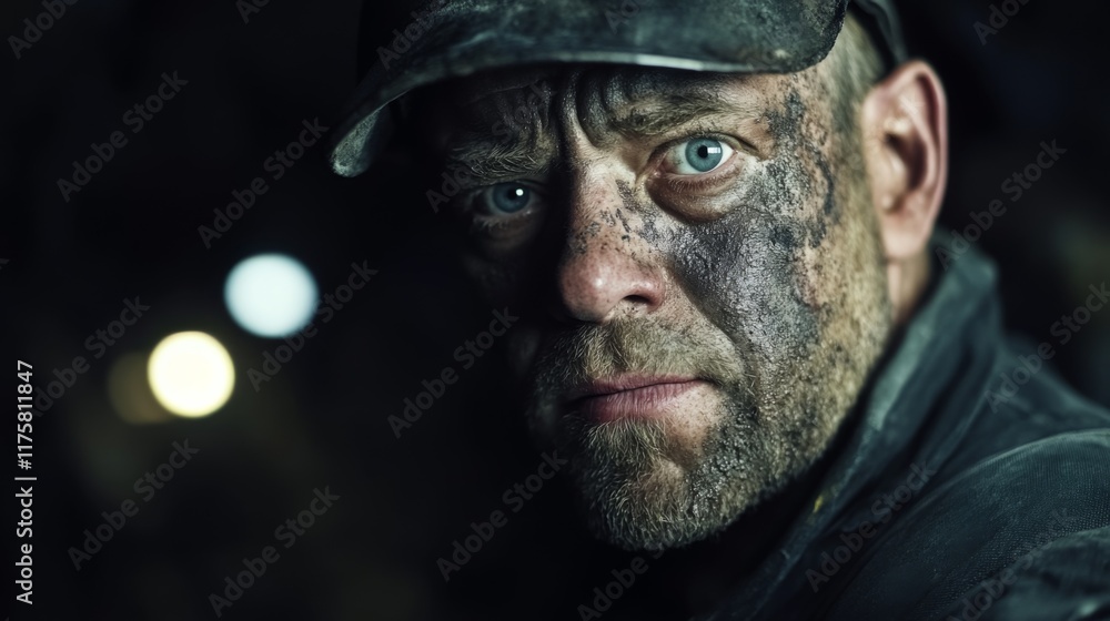 A powerful portrait of a miner covered in coal dust, capturing the harsh reality and determination of workers in the mining industry with striking visual impact. A powerful portrait of a miner covered in coal dust, capturing the harsh reality and determination of workers in the mining industry with striking visual impact.