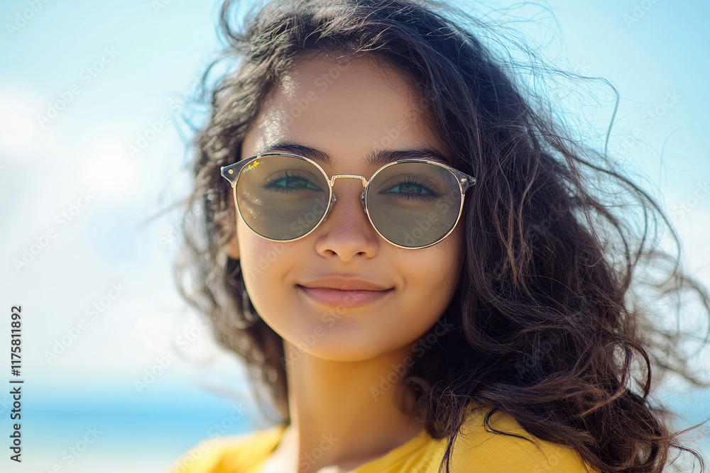 portrait of a happy young woman wearing sunglasses, with a blue sky and sea in the background. She is wearing a yellow shirt. This is a close-up portrait, taken on a sunny day with sunlight and sun ra portrait of a happy young woman wearing sunglasses, with a blue sky and sea in the background. She is wearing a yellow shirt. This is a close-up portrait, taken on a sunny day with sunlight and sun ra
