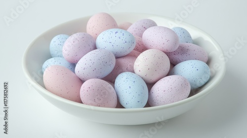 High angle view of a bowl of pastel Easter eggs. Horizontal format. photo