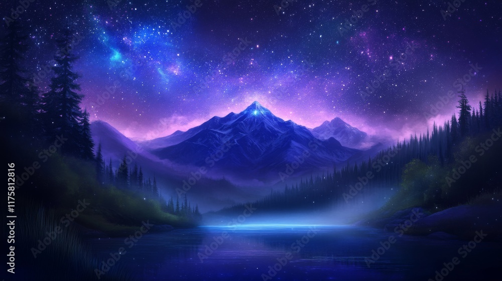 Fototapeta premium A majestic mountain under a vast, starry night sky reflects its beauty in a peaceful lake, creating a captivating scene of nature's awe-inspiring grandeur and serenity.