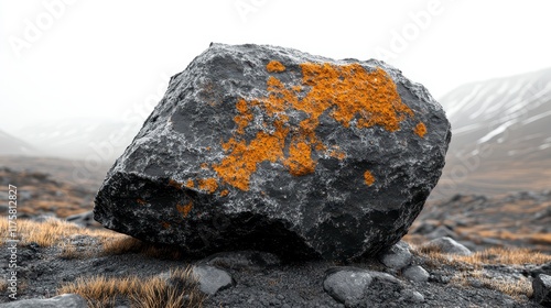 Large grey boulder with orange lichen in a desolate landscape. photo