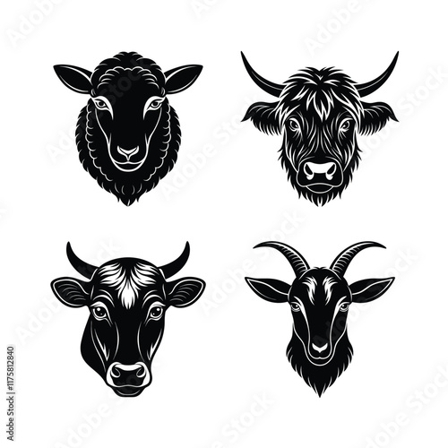 Domestic Farm Animal head vector silhouette art illustration bundle