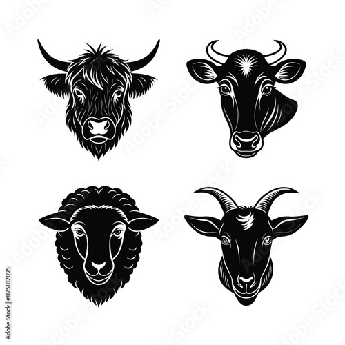 Domestic Farm Animal head vector silhouette art illustration bundle