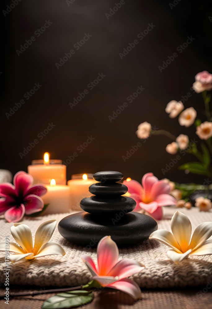 Concept of a spa beauty treatment background with calming and relaxing elements such as candles, massage stones, and aromatic flowers, dramatic atmosphere, with white tones Concept of a spa beauty treatment background with calming and relaxing elements such as candles, massage stones, and aromatic flowers, dramatic atmosphere, with white tones