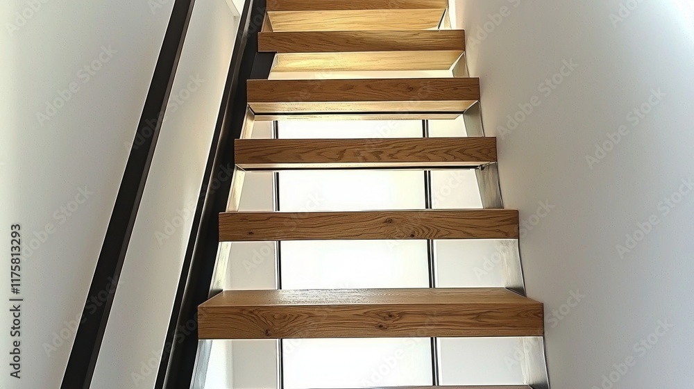 Modern wooden staircase with glass railing and natural light. Modern wooden staircase with glass railing and natural light.