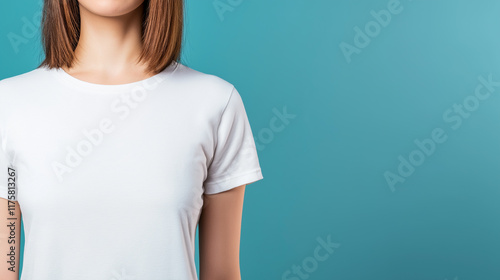White T-Shirt Mockup on Solid Background with Copy Space – Studio Portrait