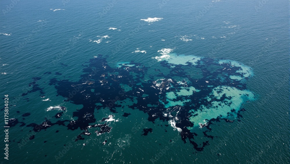 Obraz premium Aerial view of oil spill on ocean dark oil spread with white foam