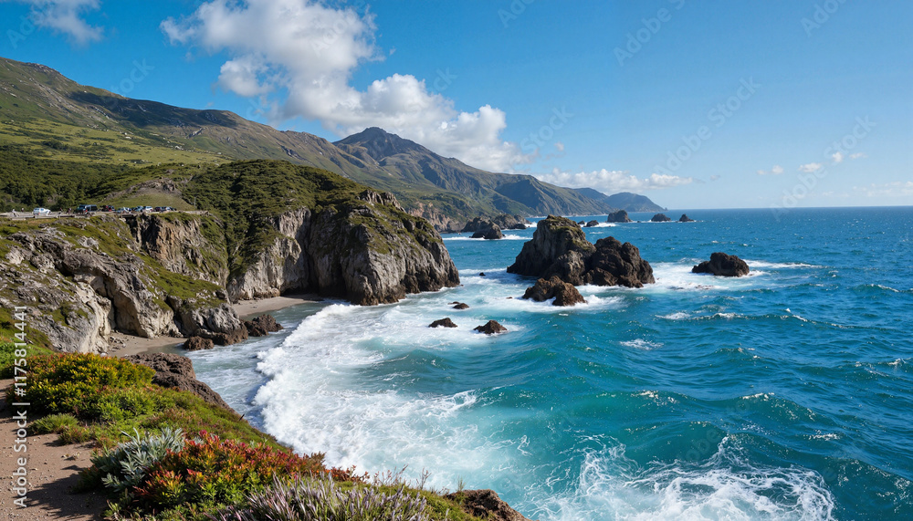 Fototapeta premium Coastal landscape with waves crashing against rocky cliffs
