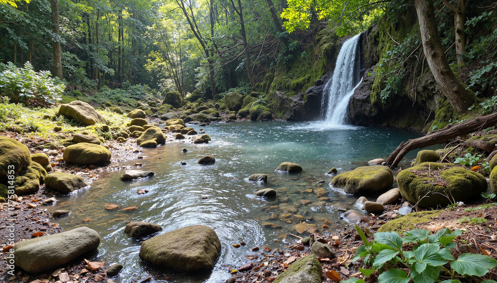 Fototapeta premium Tranquil waterfall cascading into serene forest pool