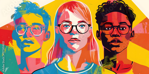 The artwork features a vibrant art style with fashionable young individuals, emphasizing diversity, creativity, and modern aesthetics, conveying a colorful and contemporary expression