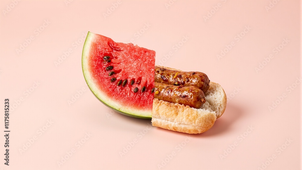 Summer Snack Vibrant watermelon meets classic hot dog on a split background Summer Snack Vibrant watermelon meets classic hot dog on a split background