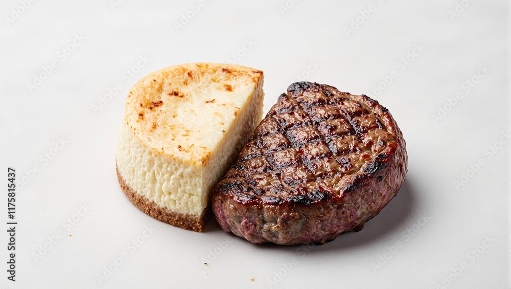 Indulgent cheesecake meets savory steak on a gray backdrop Indulgent cheesecake meets savory steak on a gray backdrop