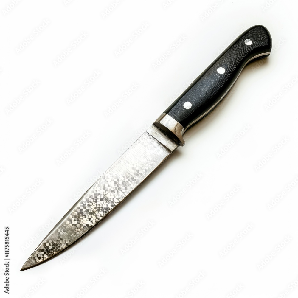A sharp, stainless steel kitchen knife with a black, textured handle. A sharp, stainless steel kitchen knife with a black, textured handle.