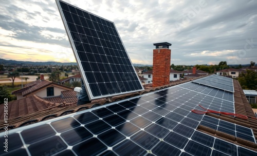 rooftop solar panels, cloudy sky, urban landscape, brick chimney, renewable energy, photovoltaic installation, cityscape, sustainable technology, overcast weather, industrial architecture, energy effi photo