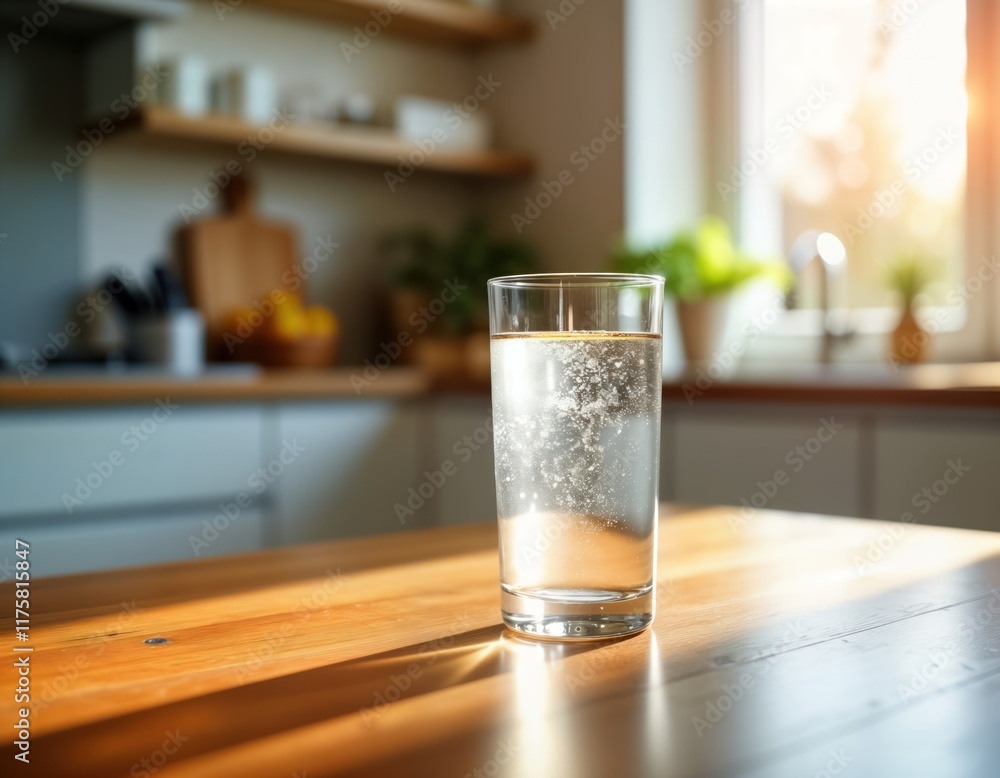Glass of water sits on wooden kitchen table. Sunlight shines on table. Kitchen interior light, airy. Sunny day in modern kitchen. Drink in kitchen setting. Healthy lifestyle. Refreshment. Morning Glass of water sits on wooden kitchen table. Sunlight shines on table. Kitchen interior light, airy. Sunny day in modern kitchen. Drink in kitchen setting. Healthy lifestyle. Refreshment. Morning