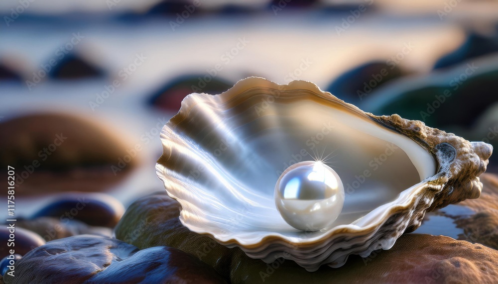 Single pearl on a half-opened oyster shell resting on wet stones Single pearl on a half-opened oyster shell resting on wet stones