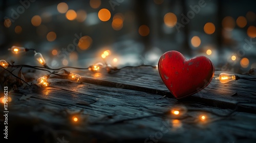Red Heart Decorated With Fairy Lights On Wooden Table