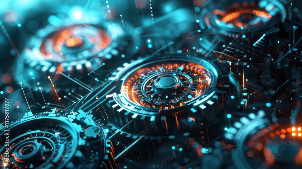Futuristic Mechanism: Intricate gears and circuits interplay, illuminated by vibrant teal and orange hues, creating a dynamic technological landscape. Futuristic Mechanism: Intricate gears and circuits interplay, illuminated by vibrant teal and orange hues, creating a dynamic technological landscape.