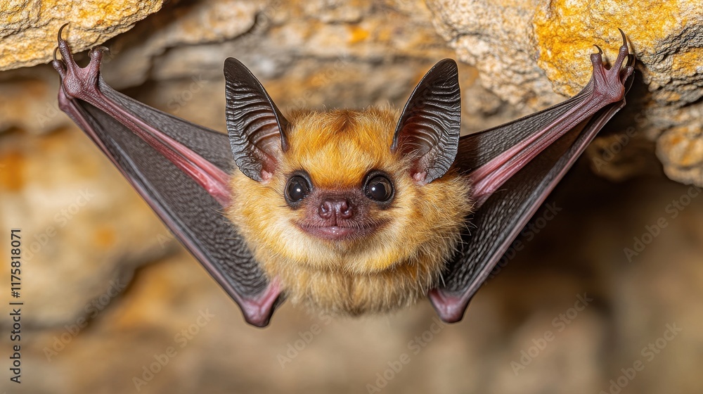 Obraz premium Close-Up of a Bat Hanging Upside-Down in a Cave
