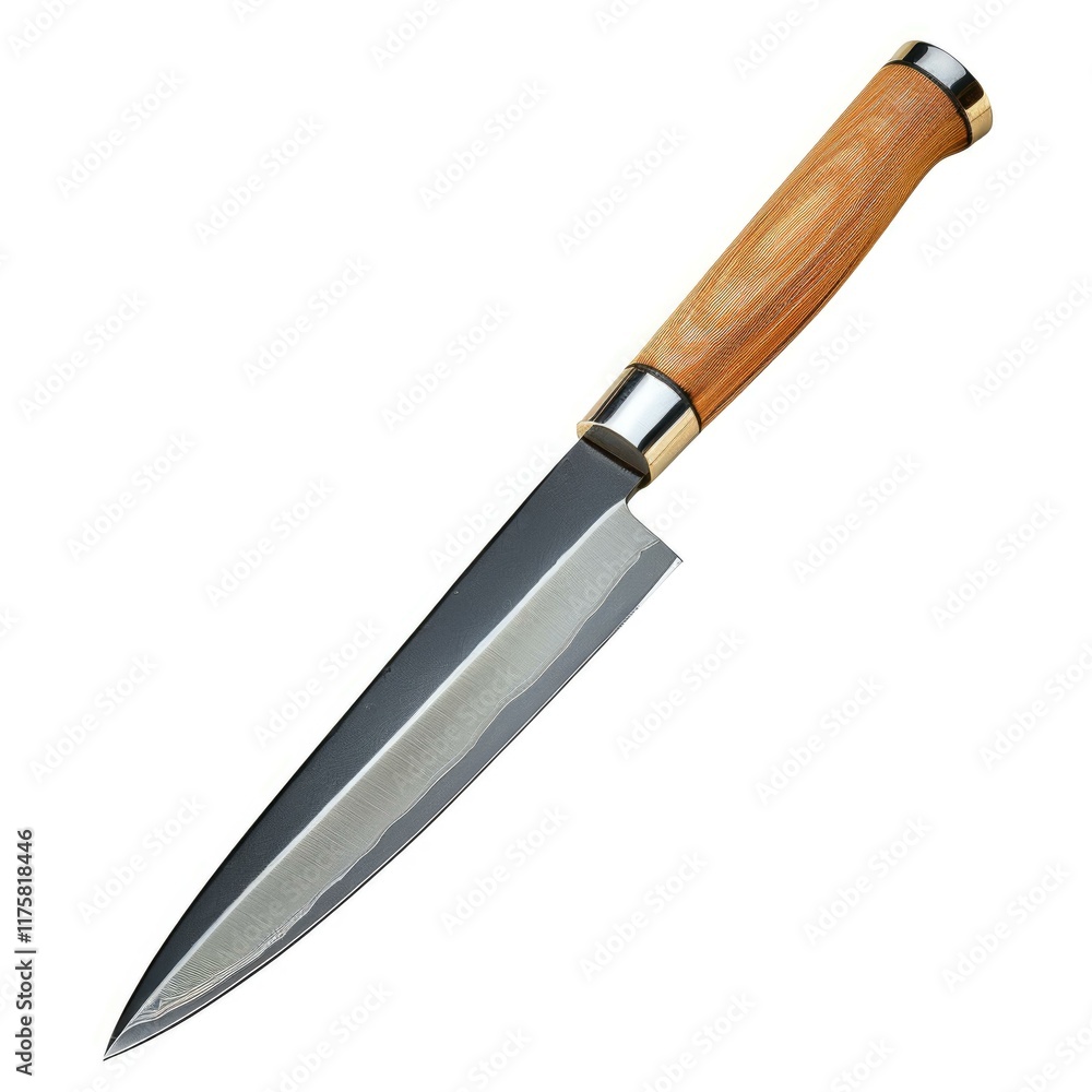 A sharp Japanese kitchen knife with a wooden handle, isolated on white background. A sharp Japanese kitchen knife with a wooden handle, isolated on white background.
