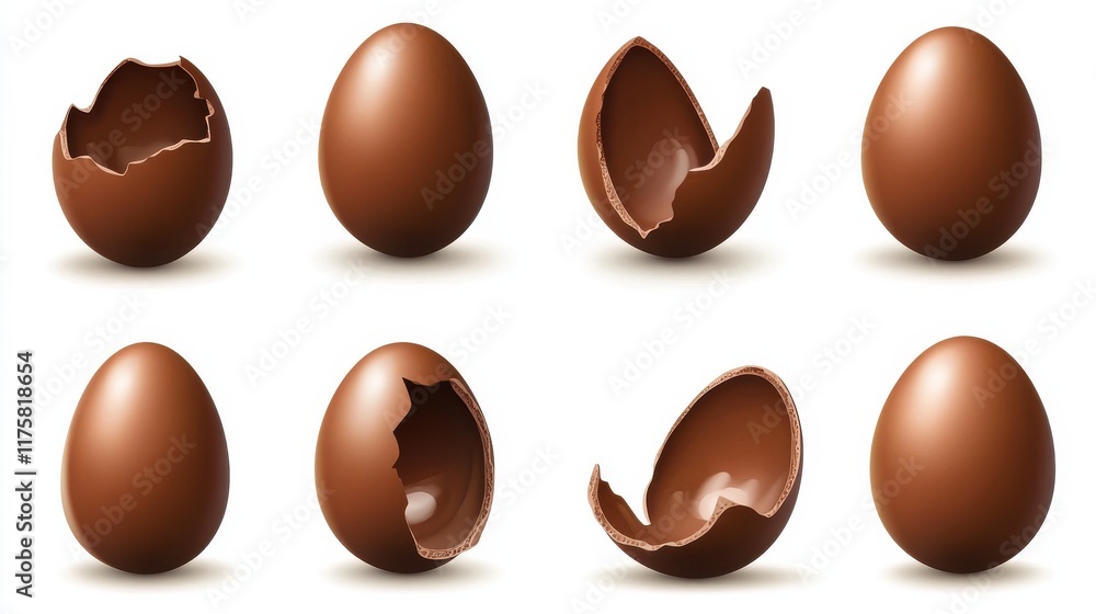 Fototapeta premium Chocolate eggs set. Isolated whole, broken, exploded, cracked and open brown eggs collection. Realistic sweet chocolate candy dessert icons. Vector Easter holiday celebration concept