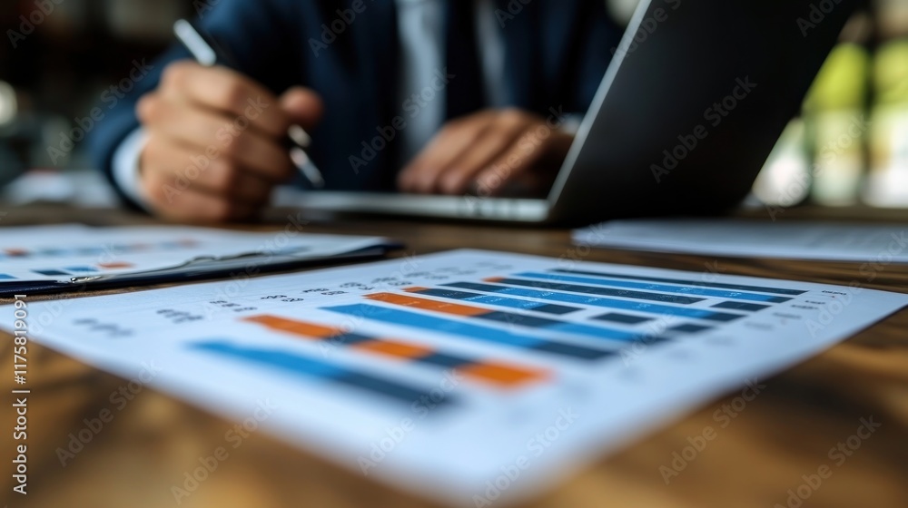 A professional man sits at a desk with a laptop, focused on analyzing a growing graph displayed on the screen. A professional man sits at a desk with a laptop, focused on analyzing a growing graph displayed on the screen.