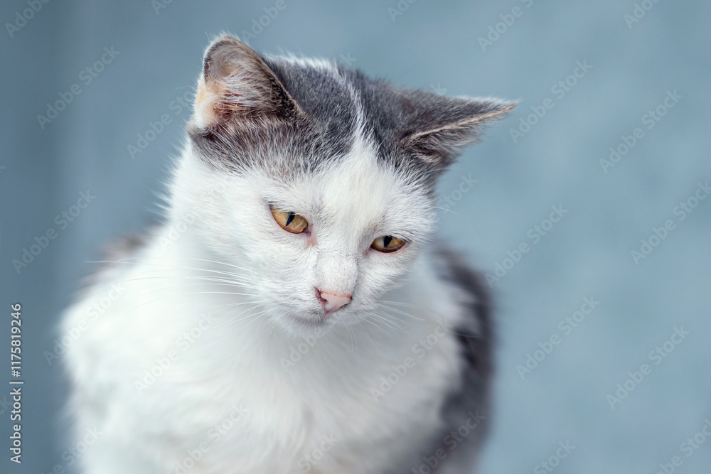 white tabby cat with an interested look down on a blurred background white tabby cat with an interested look down on a blurred background