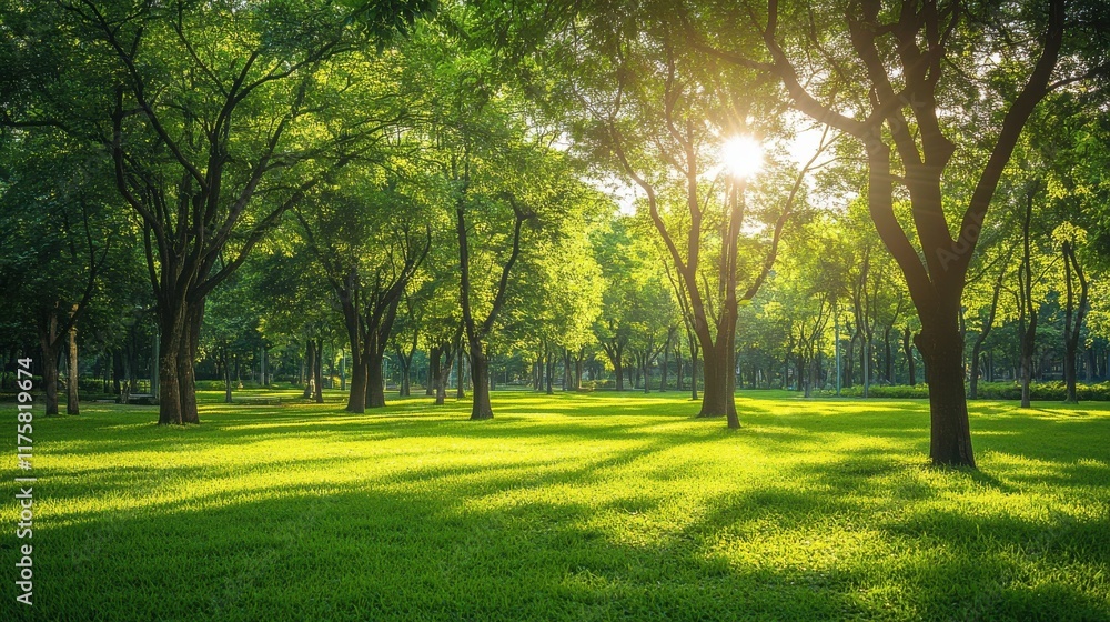 Obraz premium Green city park bokeh background. Blurred background of city park with green trees and sunlight bokeh, perfect for nature and urban lifestyle themes.
