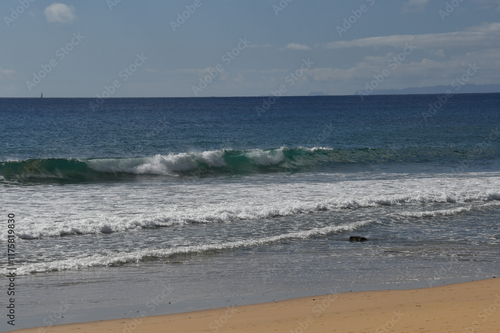 Waves breaking on the yellow sand beach with the freshness of the sea Waves breaking on the yellow sand beach with the freshness of the sea