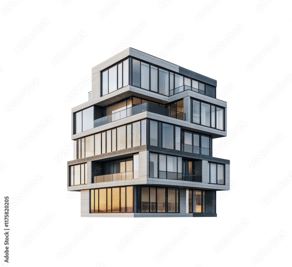 3D modern apartment building illustration with geometric shapes and large reflective windows. Ideal for urban architectural concepts. Isolated on transparent background, png 3D modern apartment building illustration with geometric shapes and large reflective windows. Ideal for urban architectural concepts. Isolated on transparent background, png
