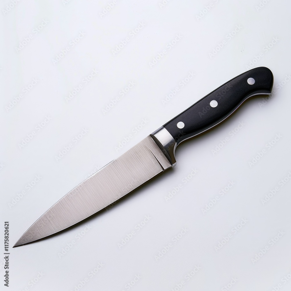 A sharp stainless steel chef's knife with a black handle, isolated on white. A sharp stainless steel chef's knife with a black handle, isolated on white.