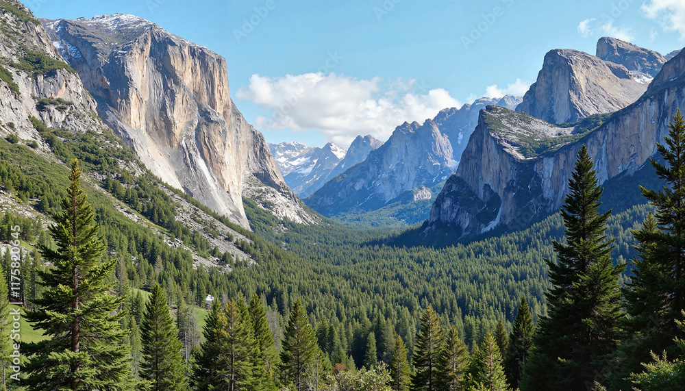 Majestic mountains with green pine forest under clear blue sky Majestic mountains with green pine forest under clear blue sky