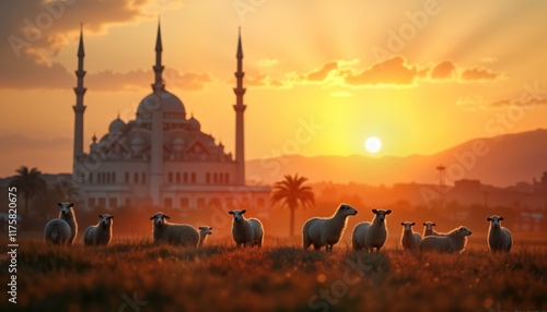 Sheep stand in field at sunset with mosque in background. Traditional scene of Eid Al Adha. Religious celebration featured. Animals at center of attention. Beautiful landscape photo. Photo shows photo