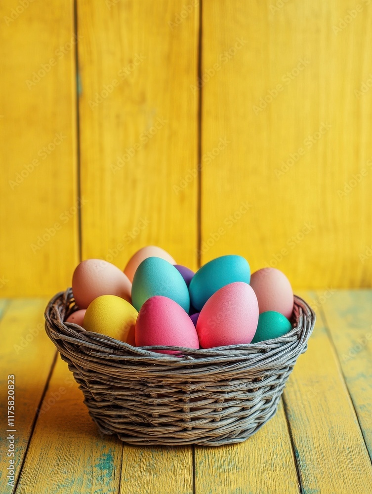 Naklejka premium easter, holidays, tradition and object concept - close up of colored eggs in basket over yellow wooden boards background