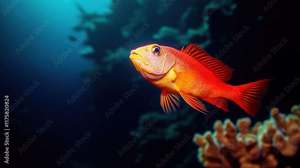 A vibrant orange fish swims gracefully in clear blue waters, showcasing its colorful fins against a backdrop of coral and marine life. A vibrant orange fish swims gracefully in clear blue waters, showcasing its colorful fins against a backdrop of coral and marine life.