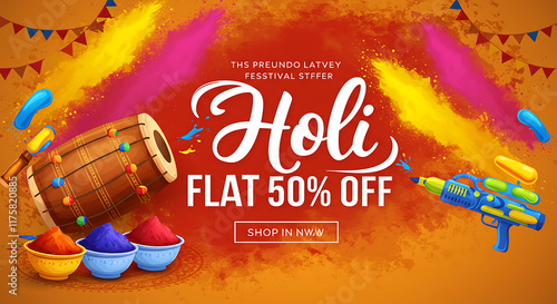 Happy Holi Festival Celebration Design, Flat 50% Off