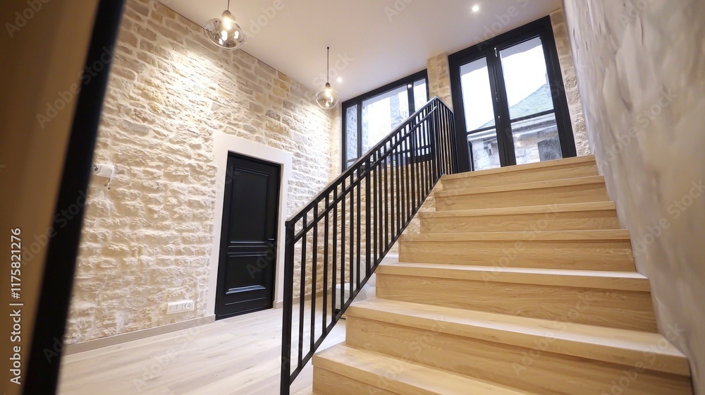 Modern staircase in a stylish entryway with stone walls. Modern staircase in a stylish entryway with stone walls.
