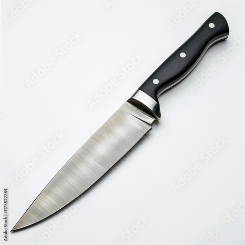 A sharp chef's knife with a sleek, black handle rests on a white background.