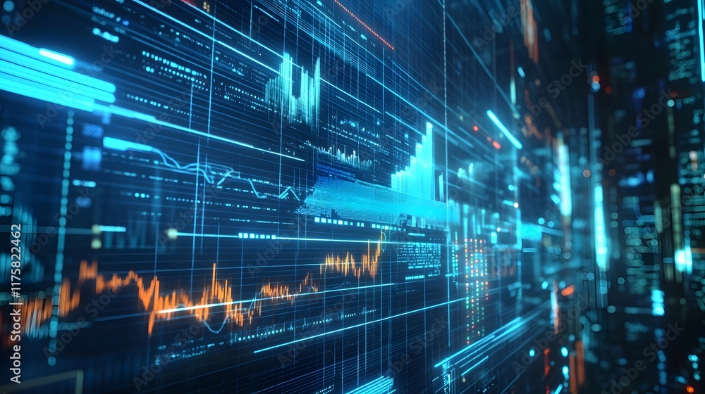 A powerful scene of solar power grids and financial data showing the success of solar energy stocks in a future green economy