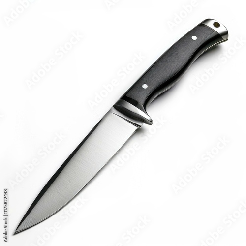 A sleek, modern hunting knife with a brushed stainless steel blade and a black composite handle.