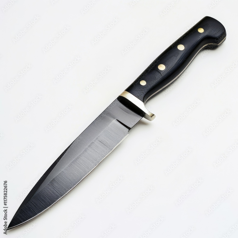 A sleek, fixed-blade knife with a black handle and a brushed steel blade, ideal for hunting or outdoor activities.