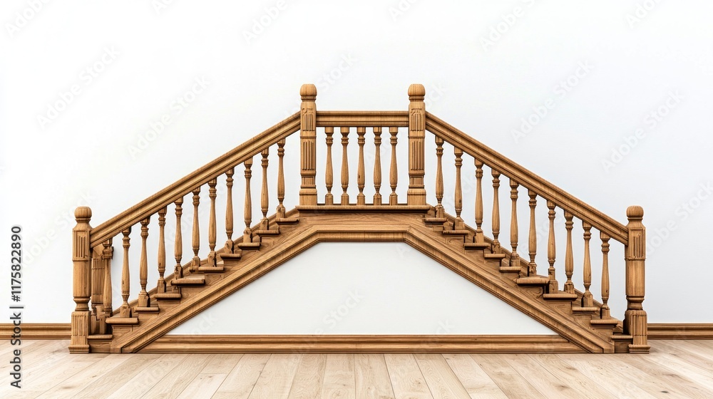 Wooden staircase with railings against a blank wall. Wooden staircase with railings against a blank wall.